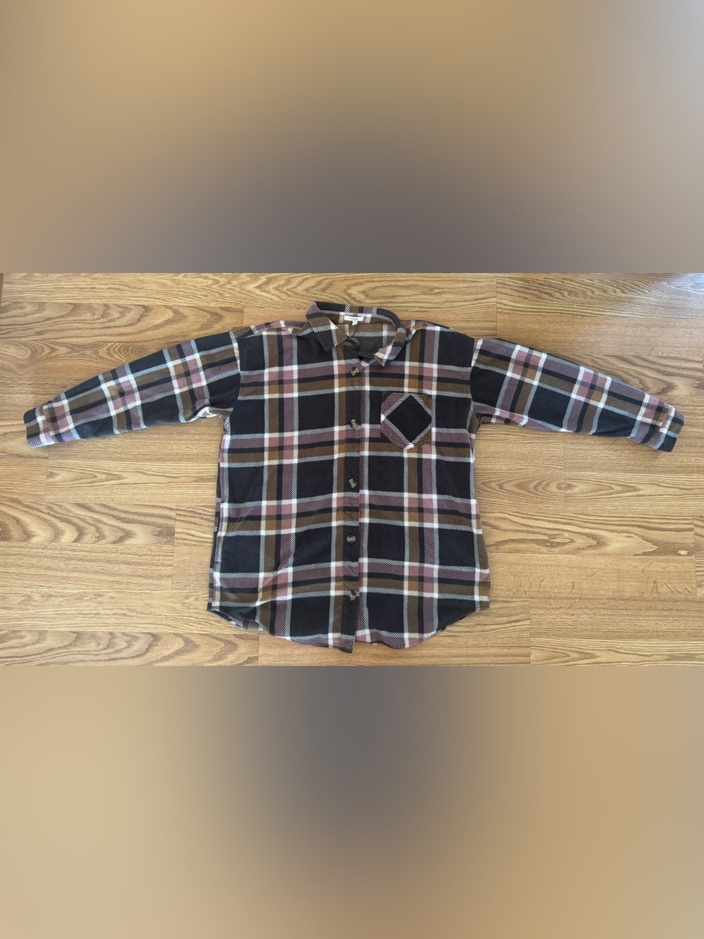 Maurices Black, Brown, Cream & Pink Plaid Fleece Button-Down Shacket - Large